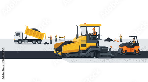 Road Construction Vector Illustration with Asphalt Paver, Steam Roller, Dump Truck, and Workers. Industrial Highway Maintenance and Infrastructure Development Concept.