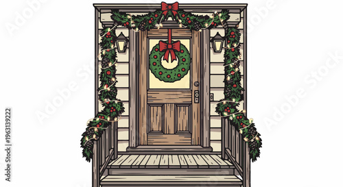 Festive doorway adorned with garlands and wreath