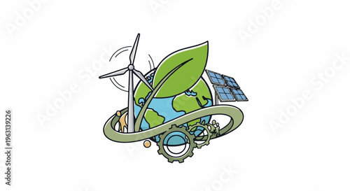 Earth powered by renewable energy sources with people and gears