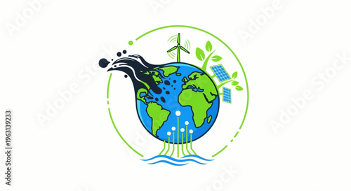 Earth with renewable energy symbols wind, solar, water