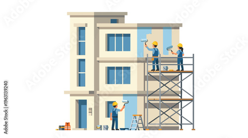 Professional Painters Renovating Building Exterior with Scaffolding, Flat Vector Illustration of House Maintenance and Construction Workers at Work