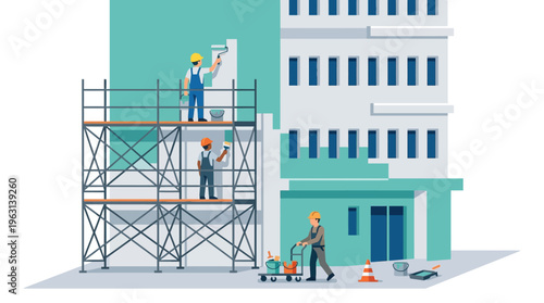 Professional Construction Workers and Painters Renovating a Building Facade on Scaffolding Vector Illustration
