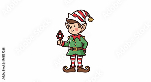 Festive elf with pointed shoes holding a sparkly ornament