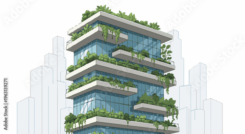 Eco-friendly skyscraper with balconies overflowing with lush green plants and trees