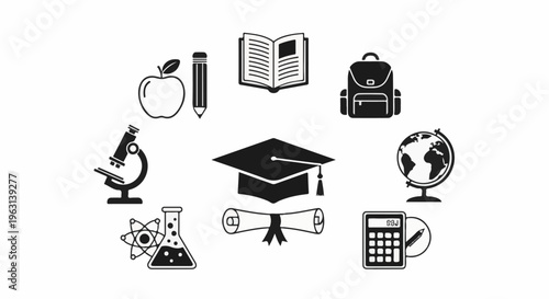 Educational icons arranged in a circle apple, pencil, book, backpack, globe, calculator, flask, atom, microscope, graduation cap, diploma