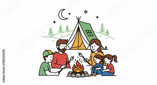 Family camping trip, roasting marshmallows over a campfire under the night sky