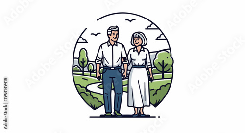 Elderly couple walks arm-in-arm through a park with trees and a winding path