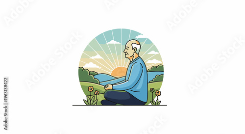 Elderly man meditating outdoors at sunrise, serene landscape with hills and water