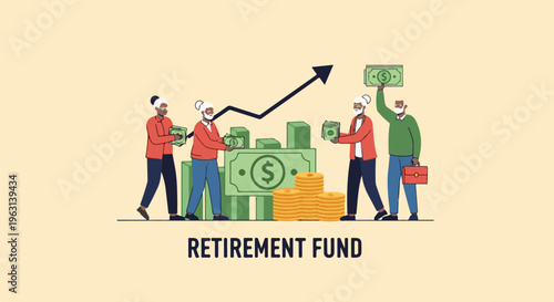 Elderly figures contribute to a rising financial graph with currency and assets