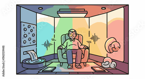 Elderly man relaxing in a multi-sensory room with calming lights and water feature