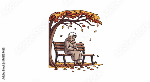 Elderly person sits alone on a park bench under a falling leaf tree
