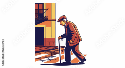 Elderly man walks with a cane on a crosswalk by a building