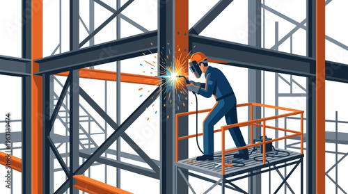 Industrial Welder Working on Steel Beam Structure Vector Illustration - Construction Site Fabrication and Engineering Concept
