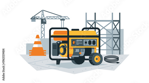 Portable Gasoline Generator Illustration on a Construction Site with Crane and Scaffolding - Flat Design Industrial Vector for Backup Power Concepts