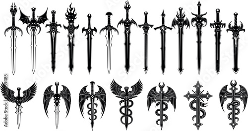 Collection of Ornate Swords with Fantasy and Mythical Designs for Weapon, Fantasy Art, and Illustration Projects