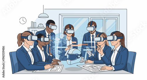 Diverse team collaborates in virtual reality headset meeting