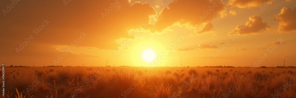 Fototapeta premium Breathtaking sunset over golden fields with clouds illuminated by warm sunlight. Scenic landscape showcases the beauty of nature at dusk,