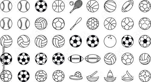 Collection of Sports Ball Icons Including Football, Basketball, Soccer, Baseball, and More for Sports Design and Illustration Projects