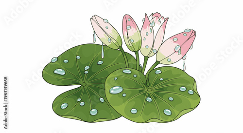 Delicate pink lotus buds covered in dew drops sit atop lush green lily pads