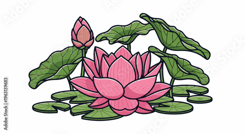 Delicate pink lotus flower in bloom with a bud and green leaves