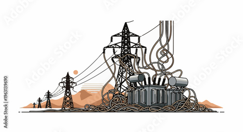 Electrical substation with pylons, transformer, and tangled wires in arid landscape
