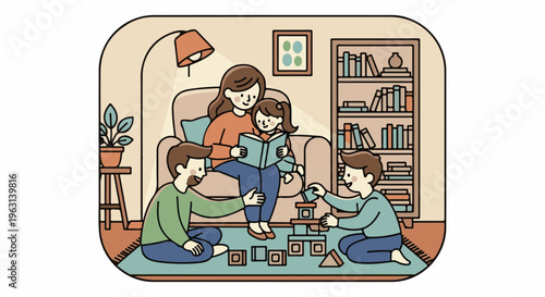 Family enjoying cozy time indoors, reading and playing with blocks