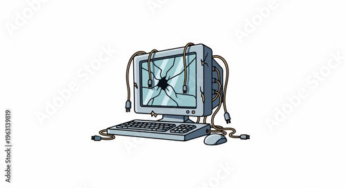 Damaged retro computer system with tangled wires and cracked screen