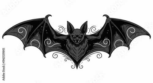 Dark, detailed bat illustration with swirling patterns on its wings