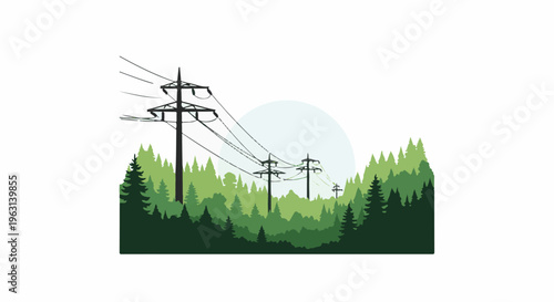 Electricity pylons cut through a dense, green forest under a hazy sun