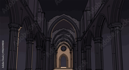 Dark Gothic cathedral interior with arched doorways and columns