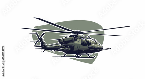 Dark green helicopter with rotor blades and gun pods