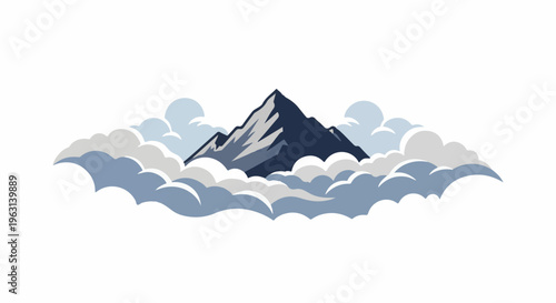 Dark mountain peak emerges from billowy white and blue clouds