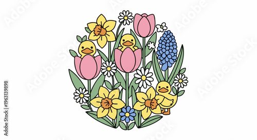 Cute cartoon chicks nestled in a circle of spring flowers