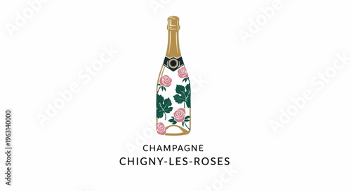 Elegant bottle with pink roses and green leaves, champagne text below