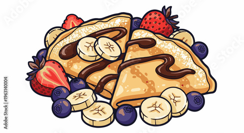 Delicious crepes drizzled with chocolate and topped with fresh berries and bananas