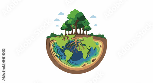 Cutaway view of planet earth with trees, roots, and layered ground