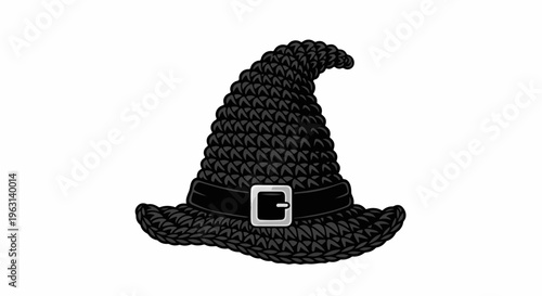 Detailed illustration of a dark, knitted witch hat with a silver buckle