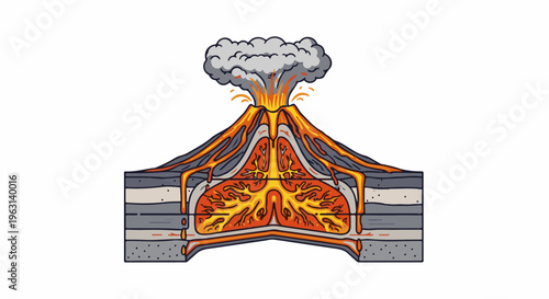 Cutaway view of an erupting volcano, showing molten rock and eruption plume
