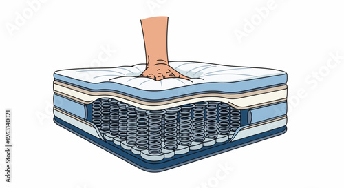 Cutaway of a mattress showing layers and hand pressing down on top