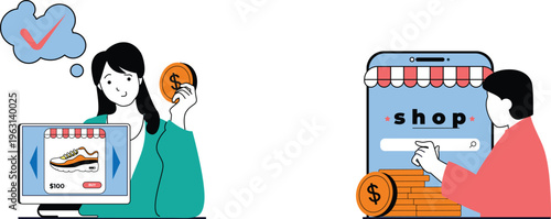 Two people engaging in online shopping and payment methods with a focus on savings and mobile commerce