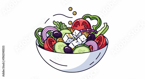 Delicious Greek salad in a white bowl, vibrant and fresh ingredients