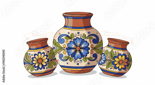 Decorative ceramic vases with floral patterns stand in front of buildings