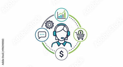Customer service representative with communication, growth, commerce, and financial icons