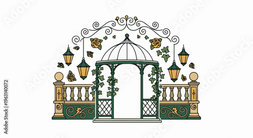 Decorative garden gazebo with lanterns, ivy, and roses