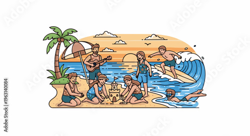 Family enjoys a sunny day at the beach, building sandcastles, surfing, and playing music