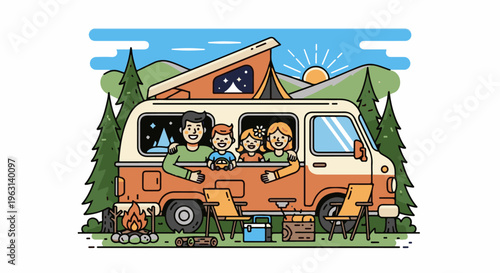 Family enjoys camping trip in a camper van surrounded by nature