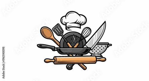 Culinary elements including a chef hat, utensils, and cooking equipment