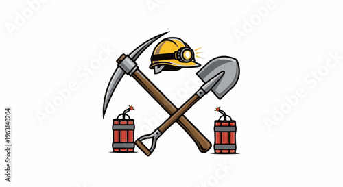 Crossed pickaxe, shovel, hardhat, and dynamite sticks emblem