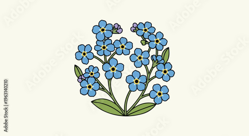 Delicate bouquet of blue forget-me-not flowers with green leaves