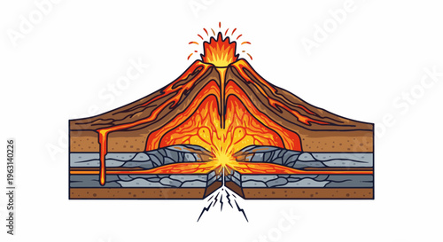 Cross section of a volcano erupting with magma and lava flows